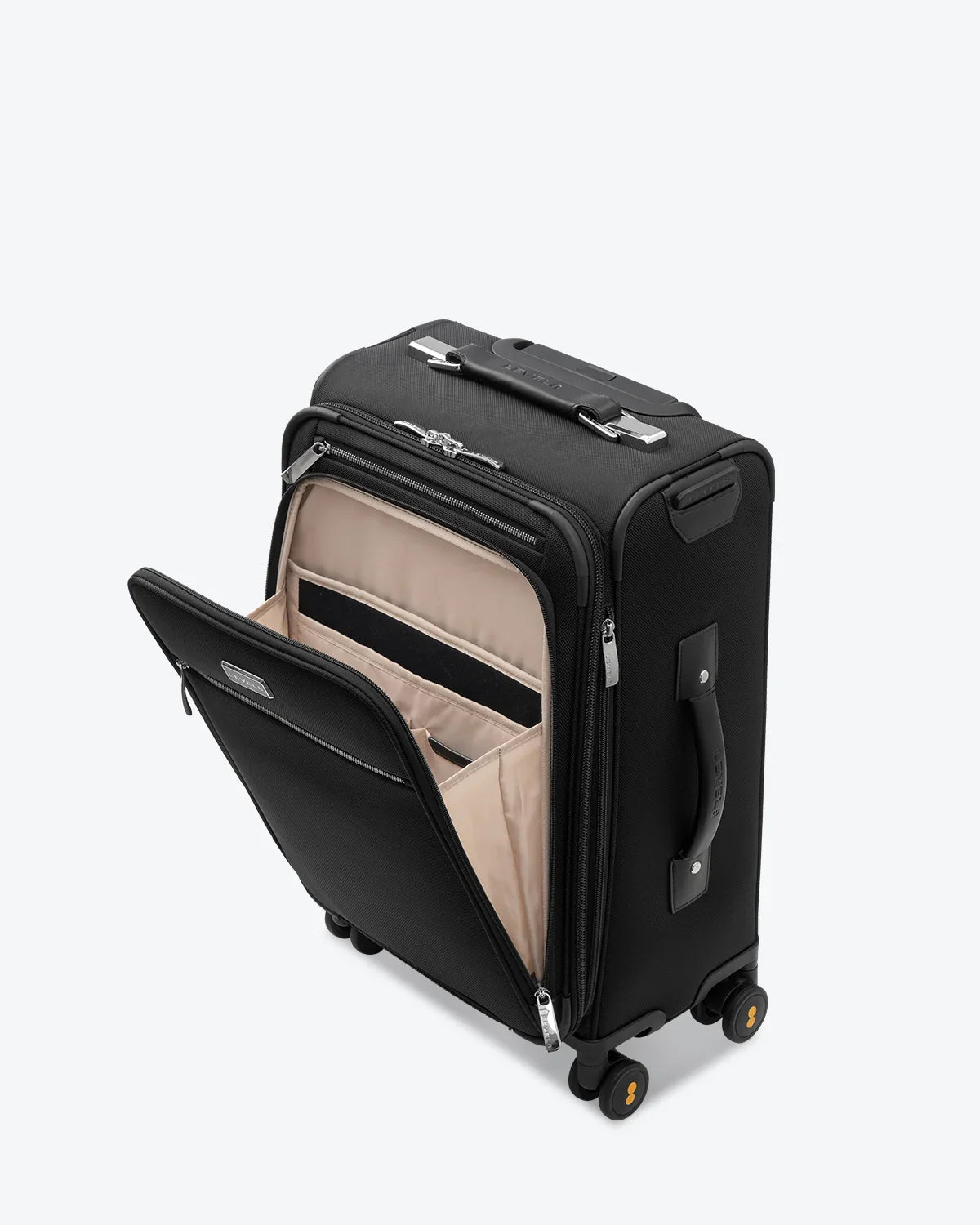 Black softside carry-on with open front laptop compartment