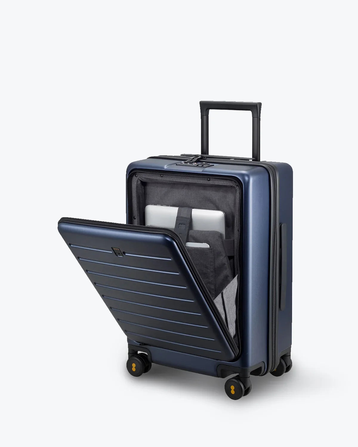 Navy business travel carry-on with open front laptop compartment