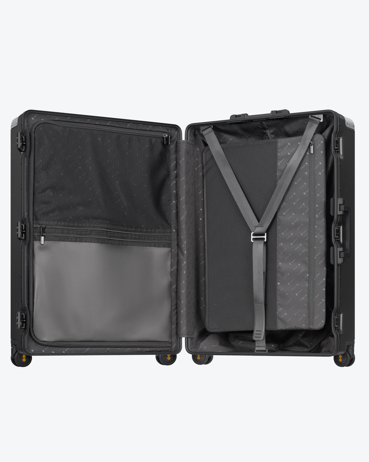 Hegent Checked 28" black suitcase interior organization with mesh pocket and Y-straps