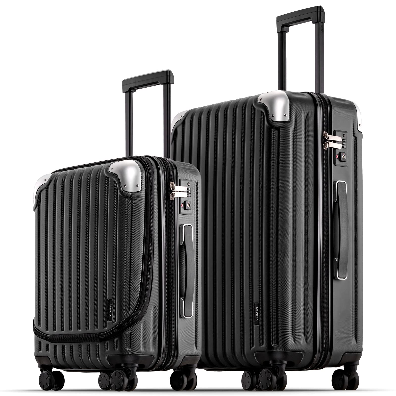 LEVEL8 Luggage Set , 2 Pieces Spinner Suitcases with Hard Shell, 20'' & 24'' / Black