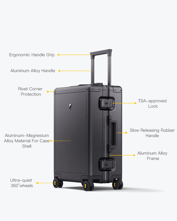 aluminum luggage features, carry on size:  22” x 14” x 9”