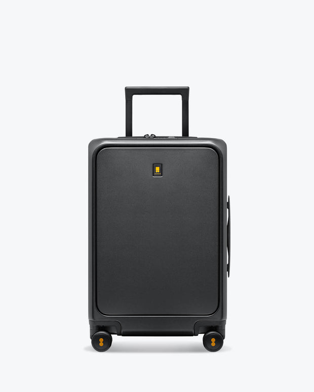 grey carry on suitcase with laptop pocket