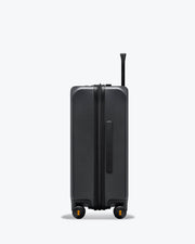 grey carry on suitcase with laptop pocket